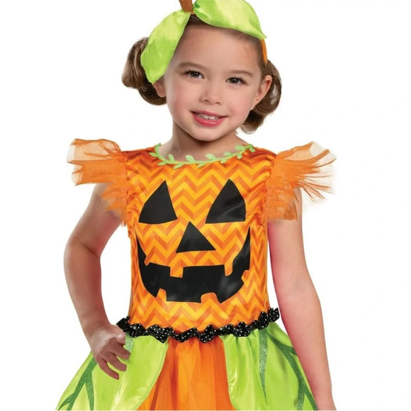 Way to Celebrate Other - Jack O Lantern Costume Girls Size S 6/6X Dress Headband Pumpkin Halloween 003